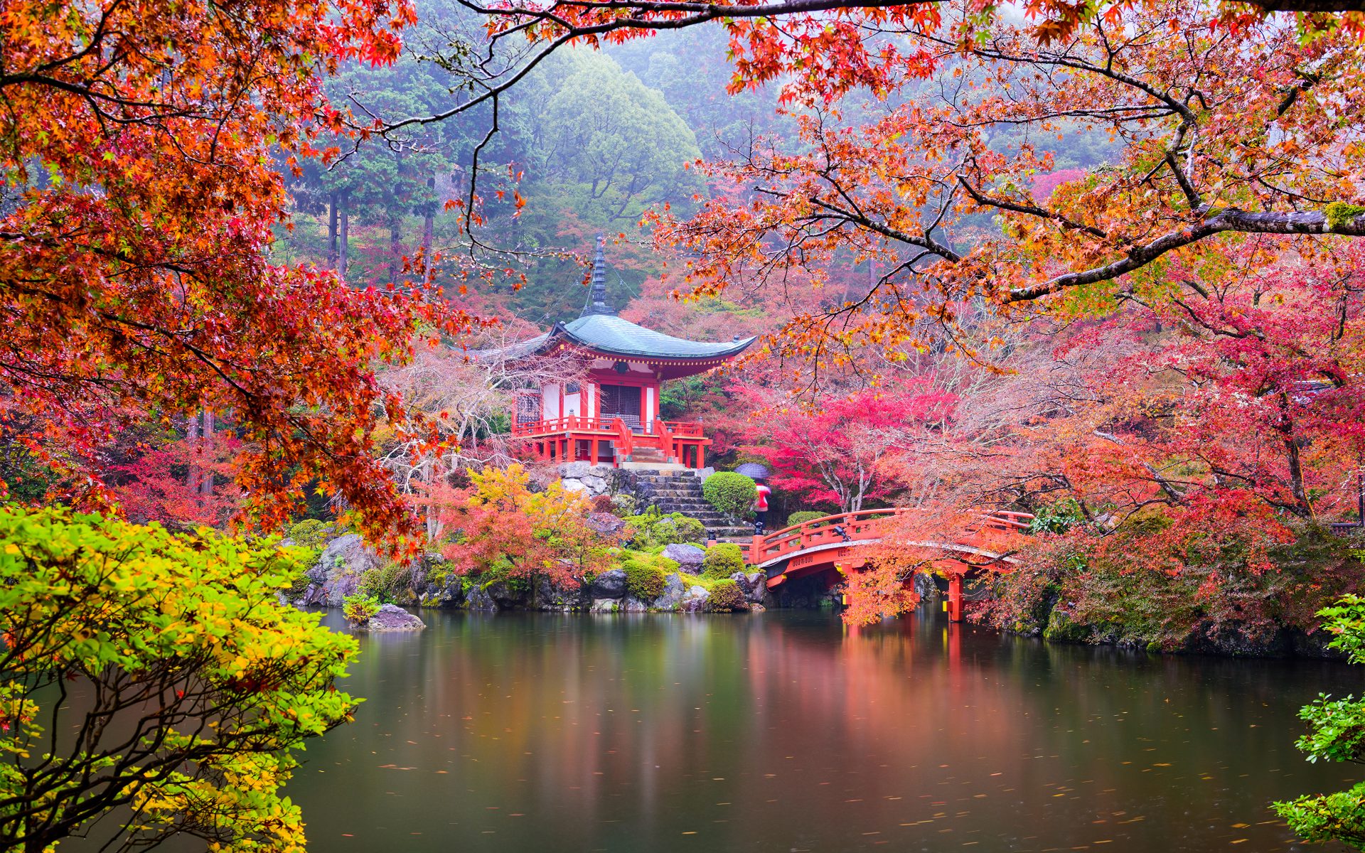 Japanse tuin met pagode en vijver in Kyoto, sfeerbeeld van Heeschkoi